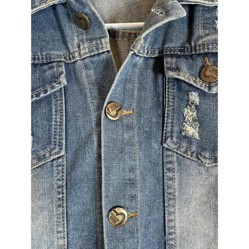Distressed Denim Motorcycle Jacket Ripped Slashed Patched